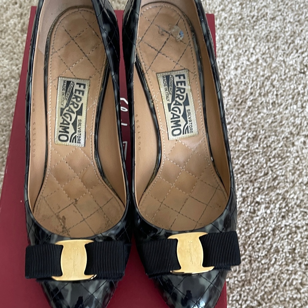 Salvatore Ferragamo Black and Gold Heels